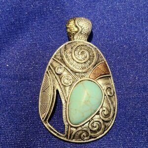 Vintage Boho Tribal Pendant with Turquoise-Colored Cabochon & Mixed Metal Design